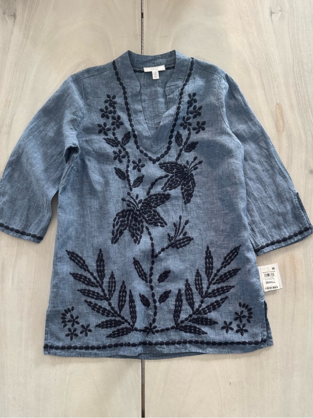 Charter Club Linen Luxury  Embroidered V-Neck Tunic Coastal Luxury